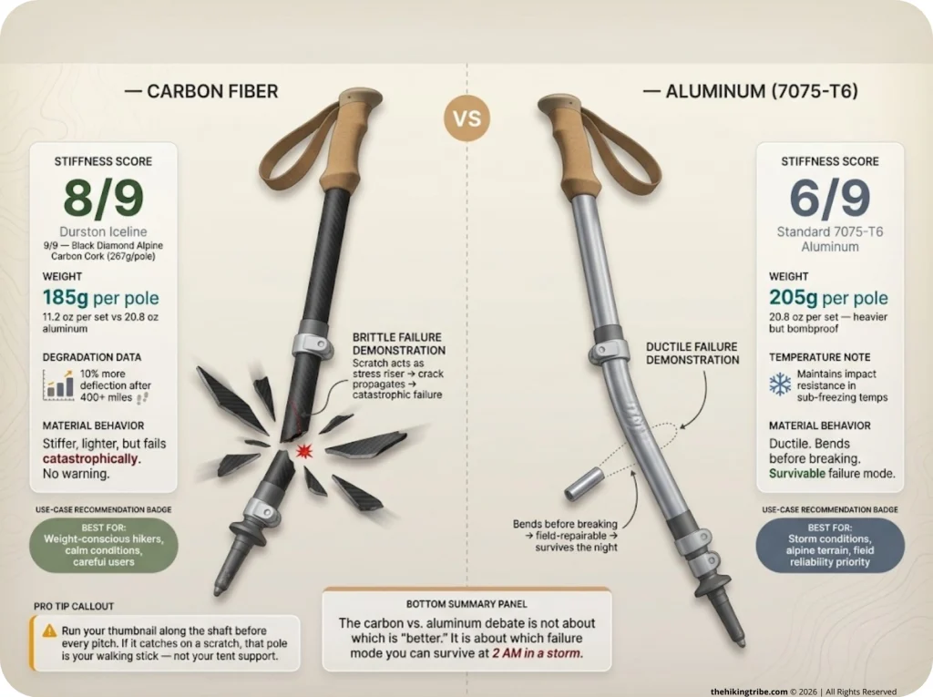 Infographic comparing carbon fiber vs aluminum trekking poles with failure modes, stiffness scores, weights, and use-case recommendations