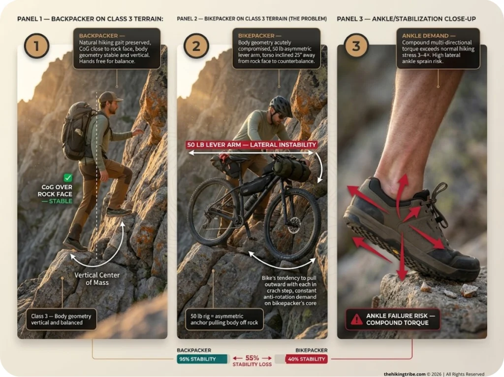 Three-panel photo sequence showing backpacker stable on Class 3 terrain versus bikepacker with extended lever arm and ankle torque demand