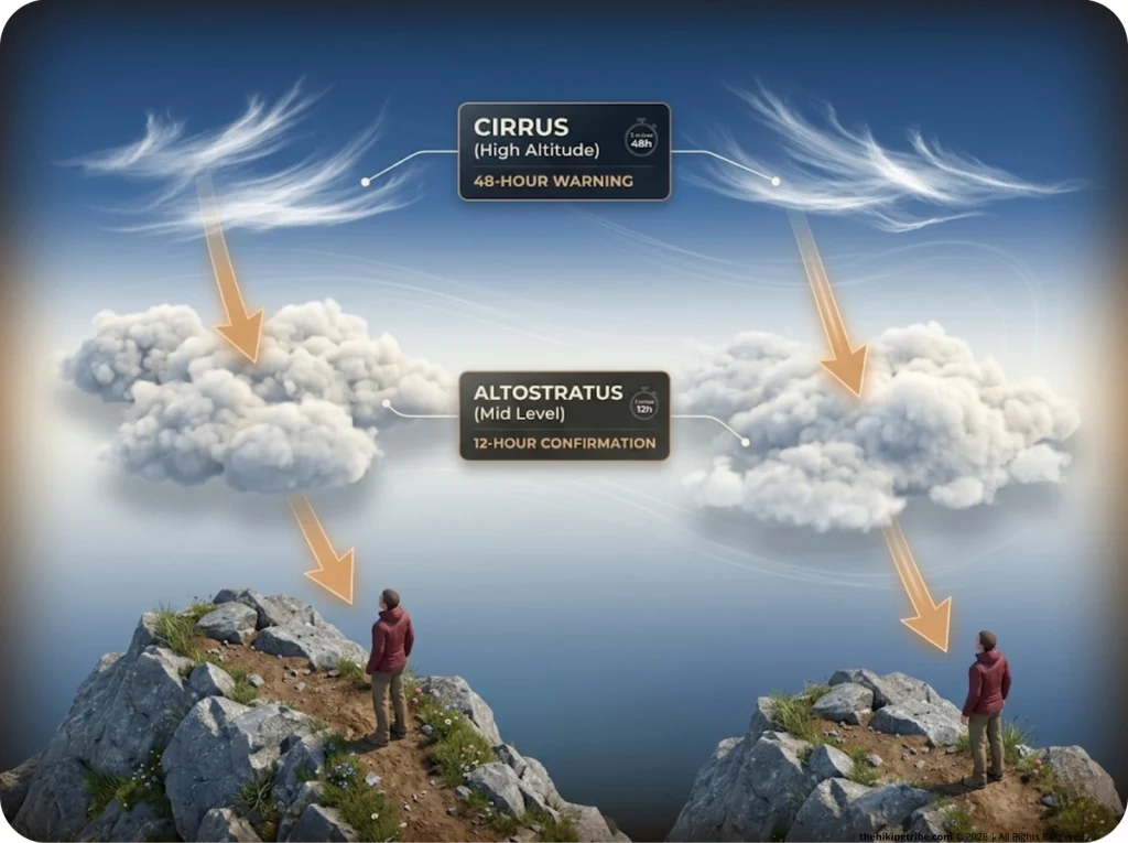 Infographic showing vertical sky profile with cirrus and altostratus clouds, hiker at bottom, and time-to-storm countdowns