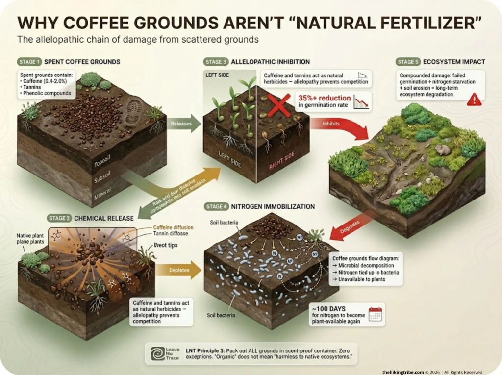 Infographic showing coffee grounds environmental impact with allelopathy chain, nitrogen immobilization, and decomposition rates