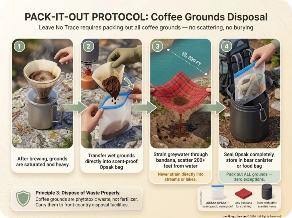 Infographic showing 4-step LNT protocol for packing out coffee grounds with Opsak storage and greywater disposal