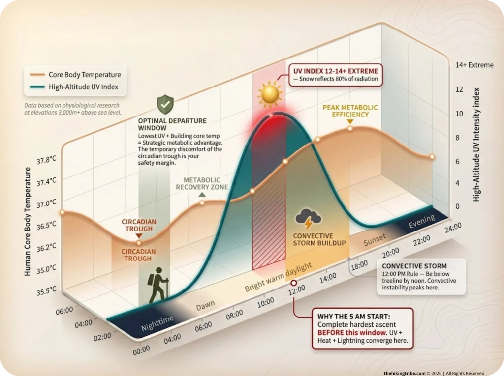 Infographic showing 24-hour core body temperature cycle versus high-altitude UV intensity with labeled hazard zones and optimal hiking windows