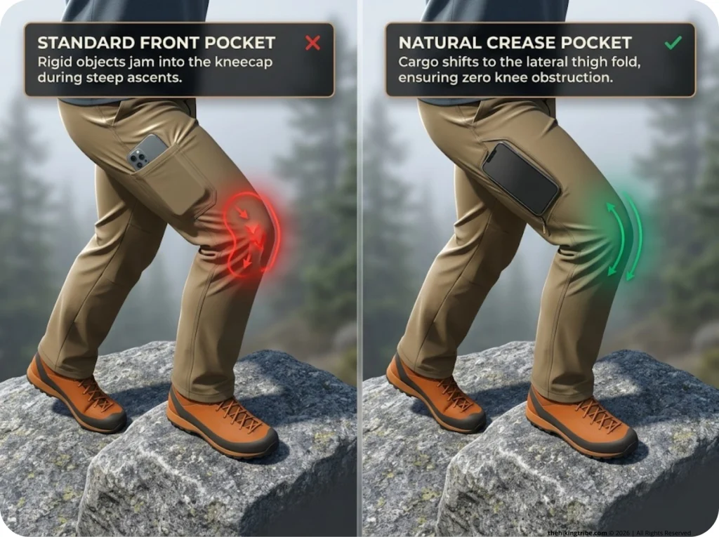 Infographic comparing standard front pockets versus natural crease side pockets during a high step over a boulder