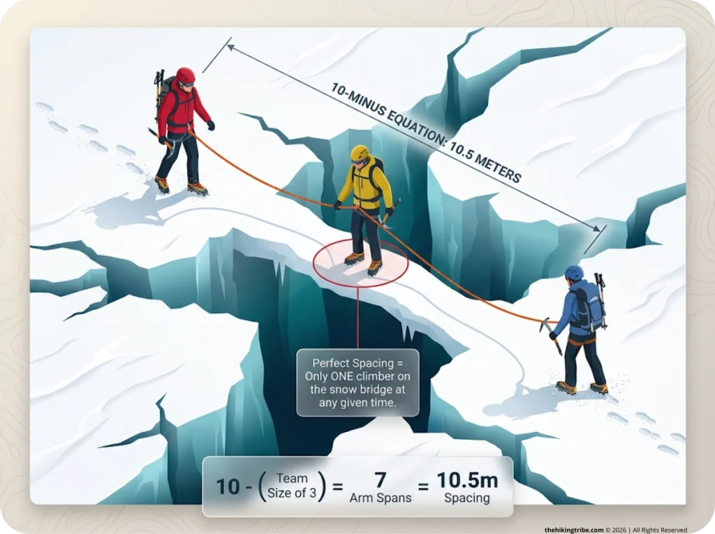 Infographic showing a 3-person rope team crossing a crevasse with labeled 10-minus equation spacing and snow bridge safety limits
