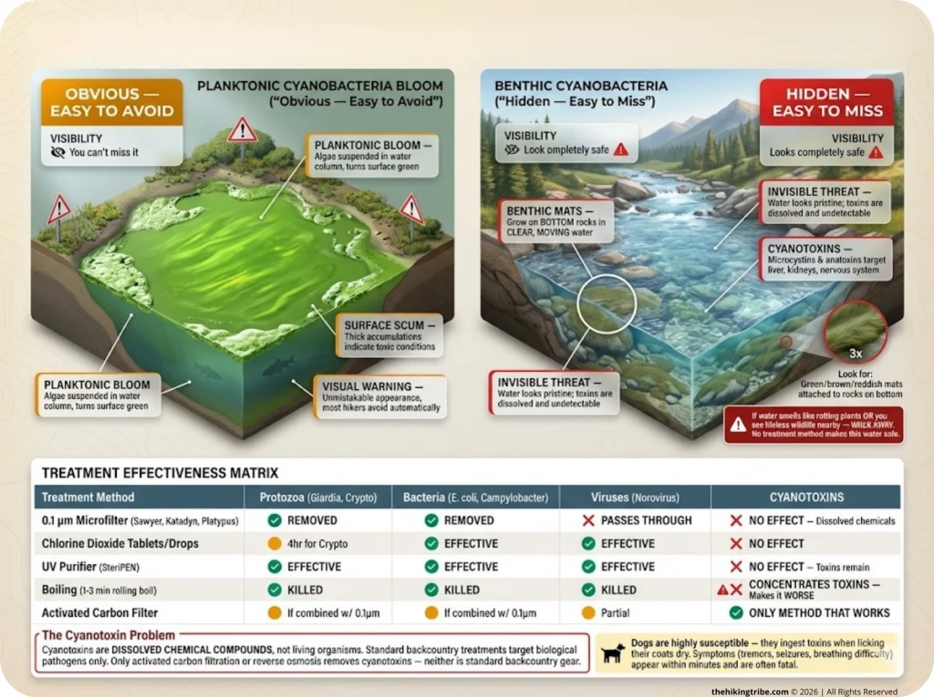 Infographic comparing planktonic vs benthic cyanobacteria with treatment effectiveness matrix