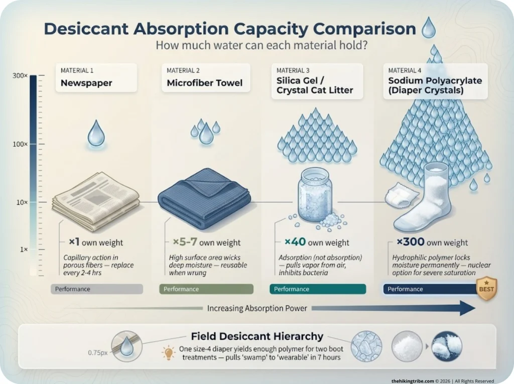 Infographic comparing absorption capacity of four desiccant materials with scaled water drop icons showing relative performance