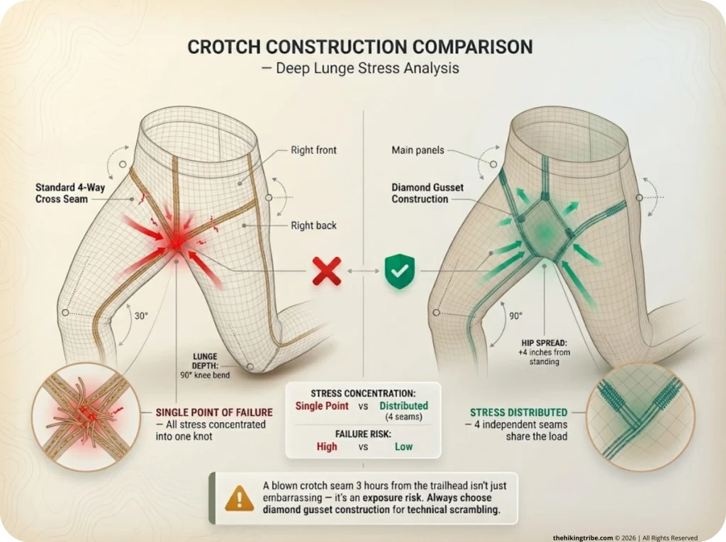Infographic comparing diamond gusset vs standard cross seam with stress point highlights during deep lunge movement