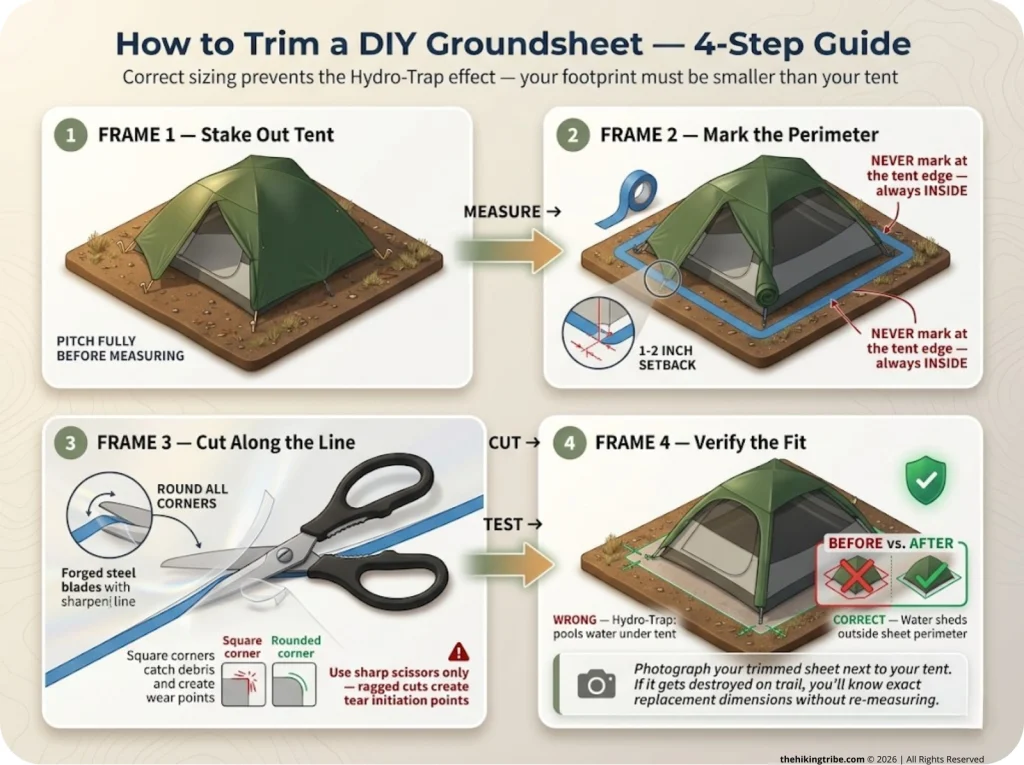 Infographic showing 4 steps to trim a DIY groundsheet with tent staking, tape marking, cutting, and final placement with margin setback