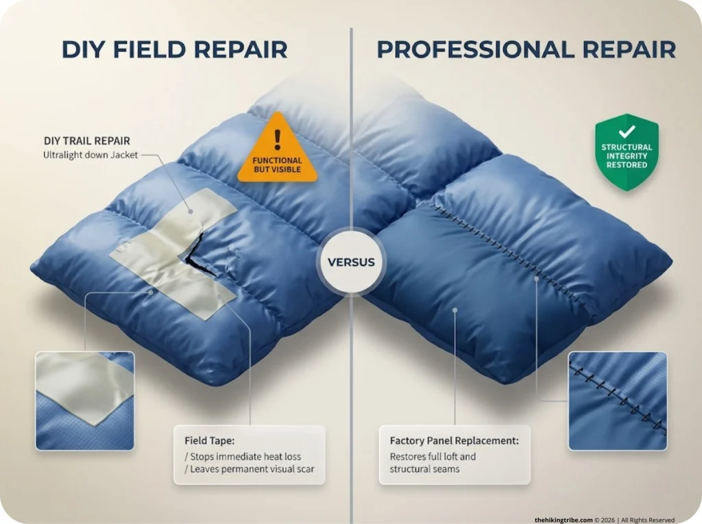 Infographic comparing a DIY taped jacket patch next to a professionally replaced down jacket baffle