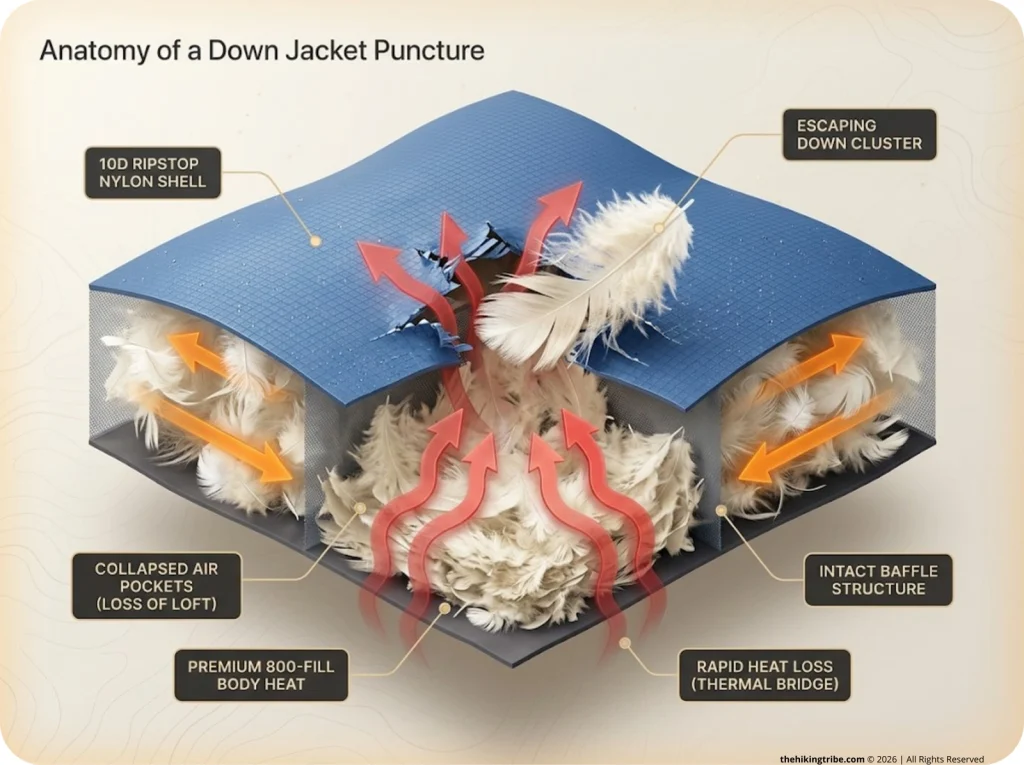 Infographic showing cross-section of a torn down jacket baffle with labeled escaping feathers and heat loss arrows