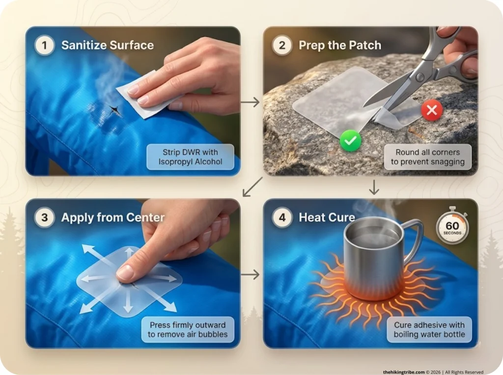 Infographic showing 4 steps for repairing a down jacket including cleaning, tape prep, application, and heat curing