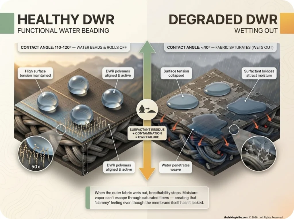 Infographic comparing healthy DWR water beading vs degraded wetting out with cross-section diagram