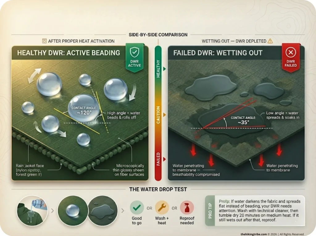 Infographic comparing DWR water beading vs wetting out with contact angle measurements and visual indicators