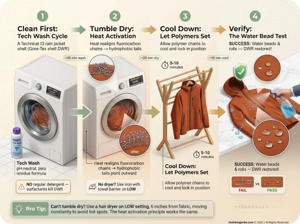 Infographic showing 4 steps to restore DWR with tumble dryer method and water bead test verification