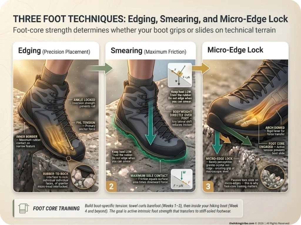 Infographic showing three foot techniques on granite with edging, smearing, and micro-edge lock positions labeled