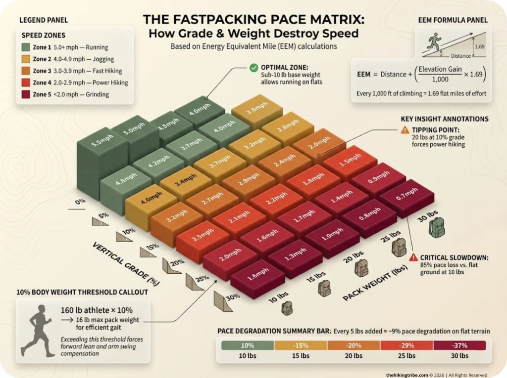 Heat map infographic showing how vertical grade and pack weight impact forward speed using Energy Equivalent Mile data