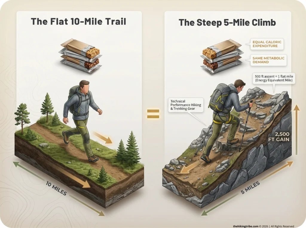 Infographic comparing caloric expenditure of 10-mile flat trail vs 5-mile steep hike, showing equal energy bars required