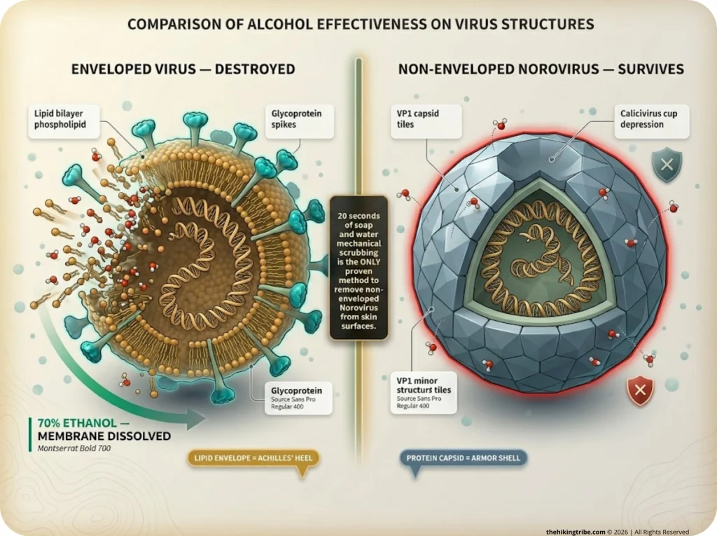 Infographic comparing enveloped virus dissolving under alcohol vs norovirus surviving, with labeled cross-sections and neutralization indicators
