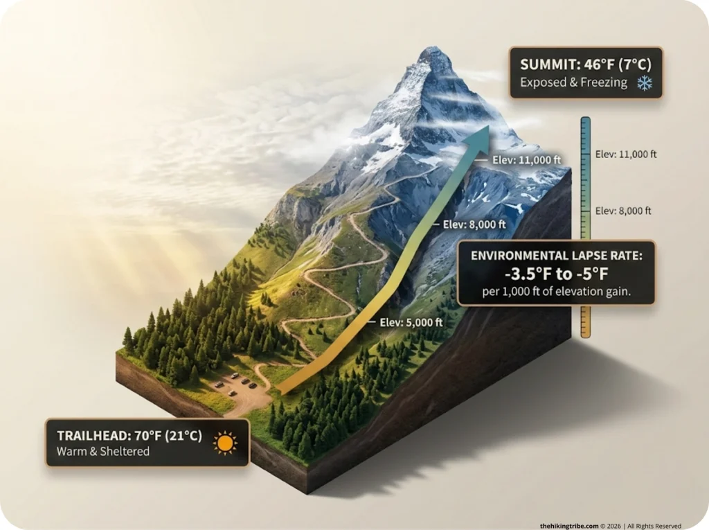 Infographic showing vertical mountain profile with trailhead and summit temperatures demonstrating the environmental lapse rate formula