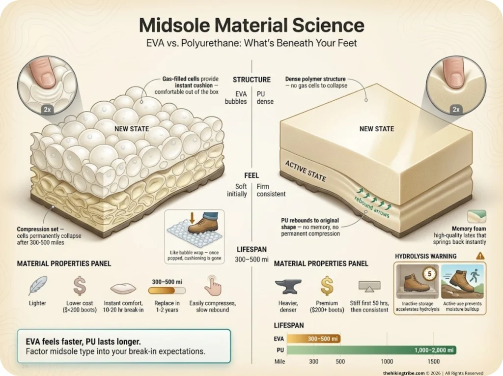 Infographic comparing EVA vs PU midsoles with cross-section structure, lifespan miles, and compression characteristics