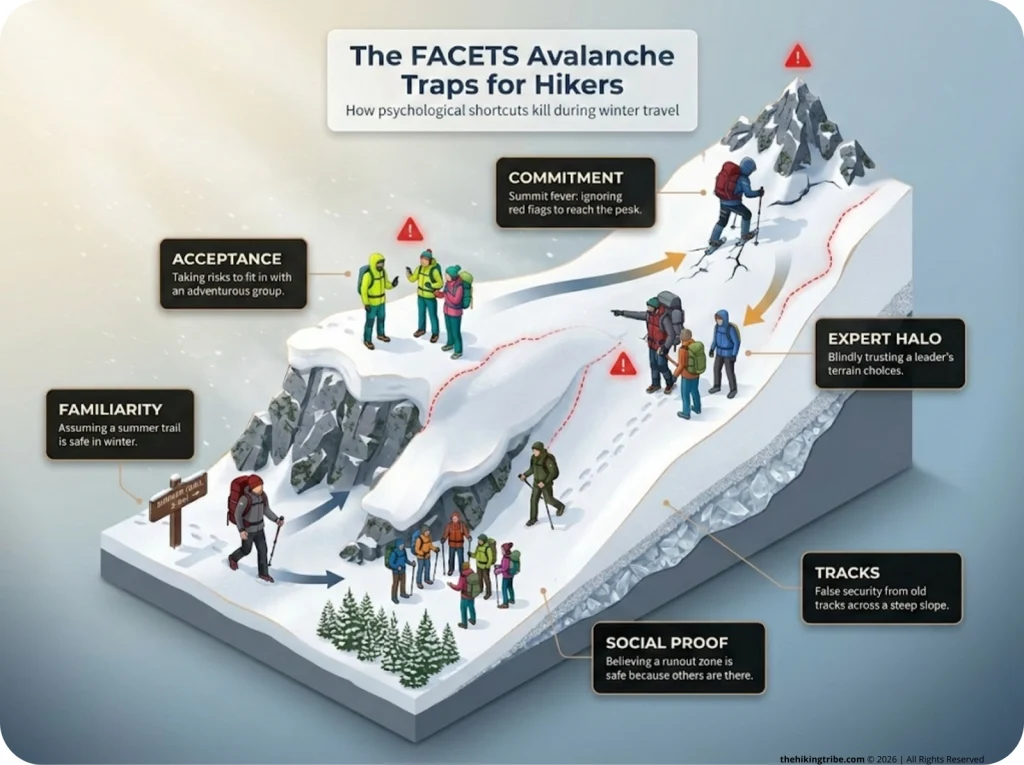 Infographic showing the FACETS avalanche heuristic traps for hikers with detailed winter scenarios and psychological labels