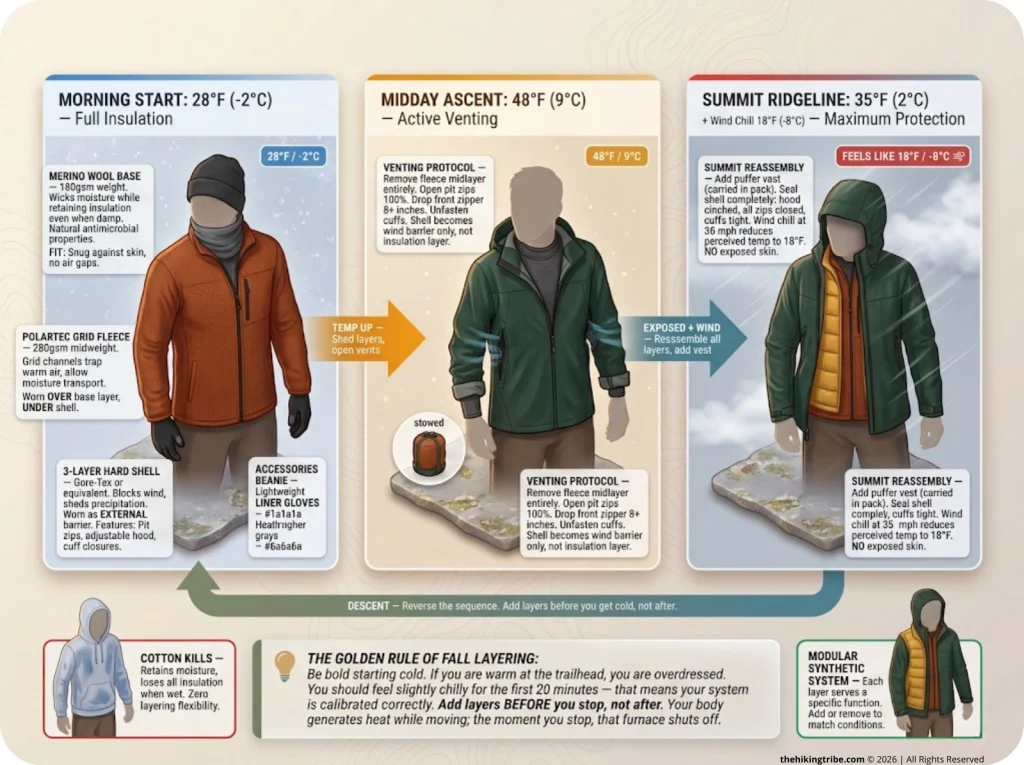 Infographic showing fall hiking layering system with morning cold, midday warm, and summit wind configurations with garment labels