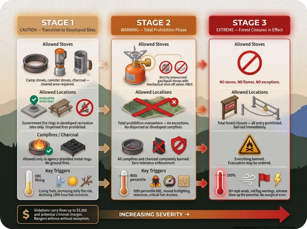 Infographic comparing Stage 1, 2, and 3 fire restrictions with allowed stoves, locations, and trigger conditions