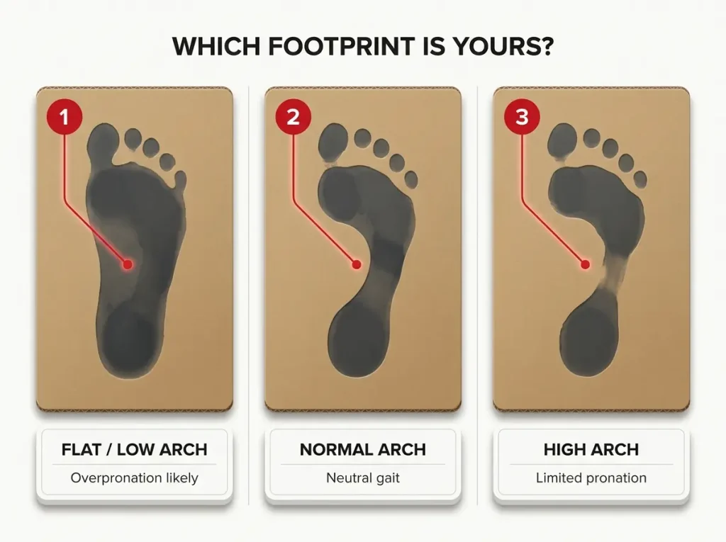 Infographic showing three wet footprint types — flat, normal, high arch — labeled with what each means for hiking shoe choice