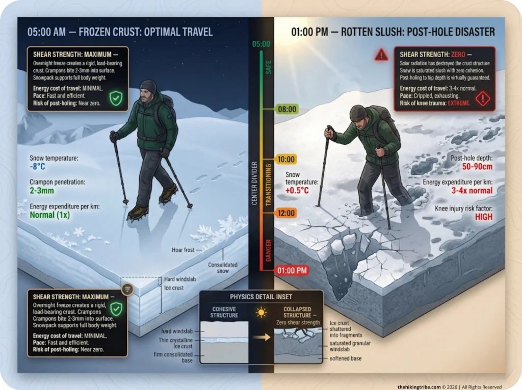 Infographic comparing frozen snow crust at dawn versus post-holing in afternoon slush with snow physics labels and safety tips