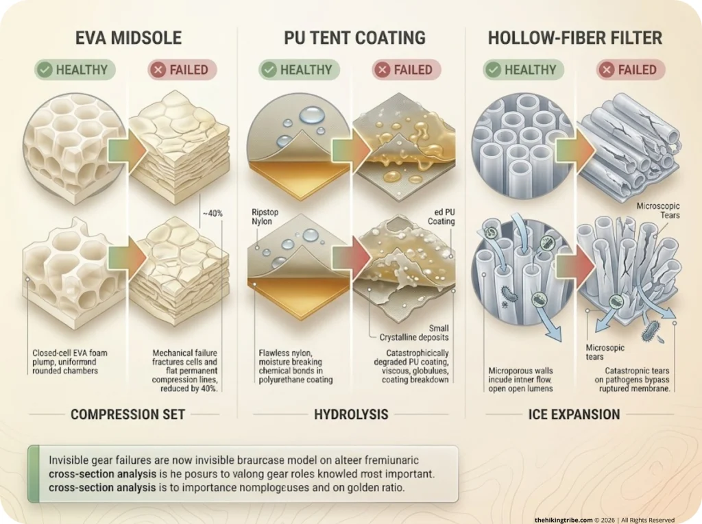 Infographic comparing healthy vs failed gear materials with EVA midsole, PU coating, and filter membrane cross-sections