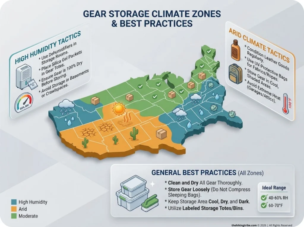 Infographic showing US climate zones with gear storage risks and tactics for humidity vs arid regions