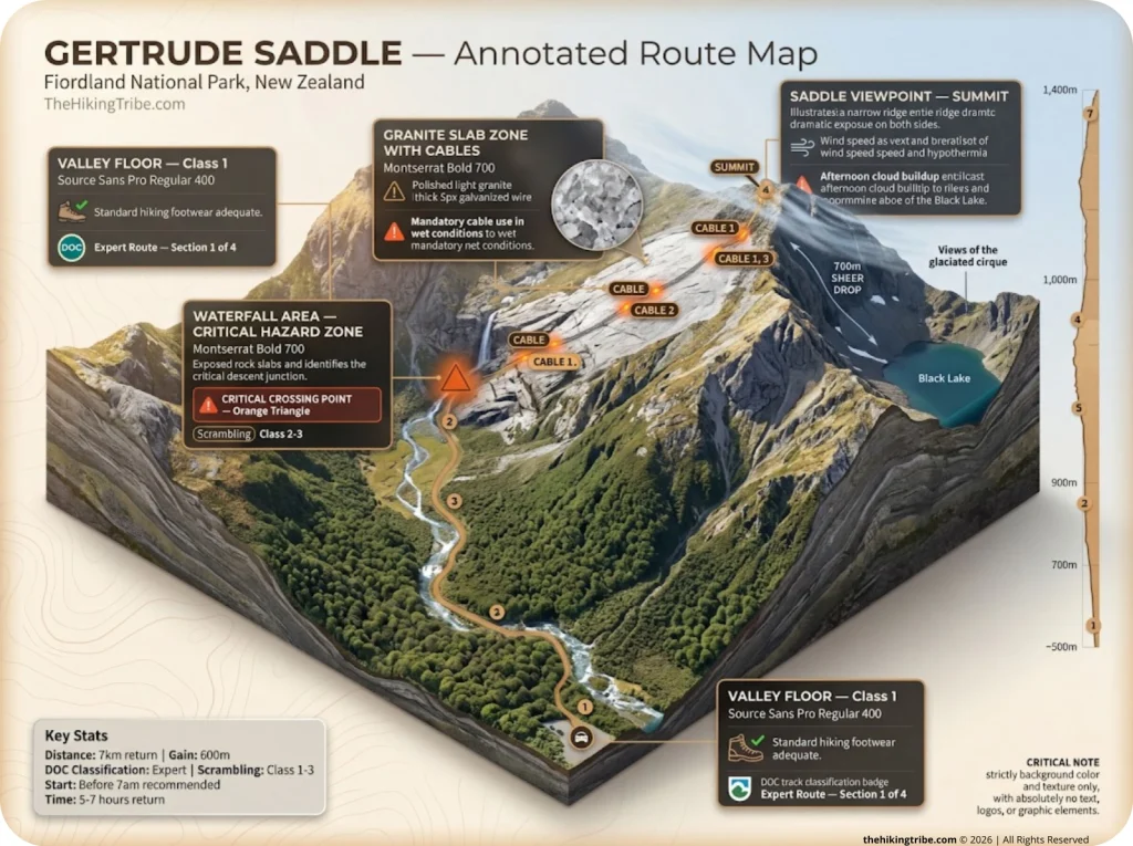 Infographic showing annotated Gertrude Saddle 7km return route with zones, cable locations, and hazard markers