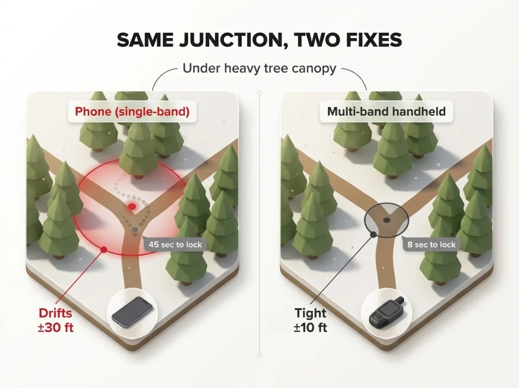 Side-by-side diagram of the same trail junction showing a phone's drifting GPS dot vs a multi-band handheld's tight fix under tree canopy