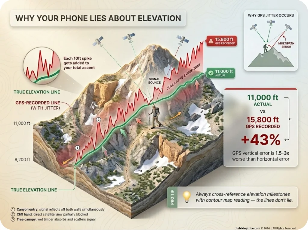 Infographic comparing actual vs GPS-recorded elevation on a mountain trail showing 43% ascent inflation from signal jitter