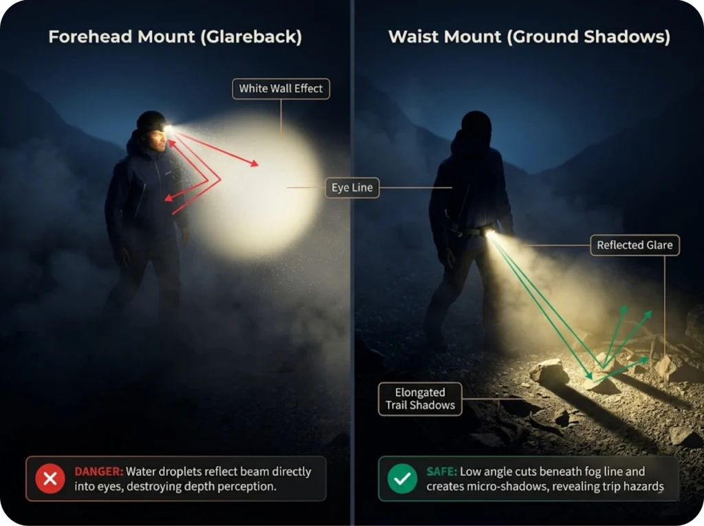 Infographic comparing headlamp glareback with forehead mounting versus clear ground shadows with waist mounting