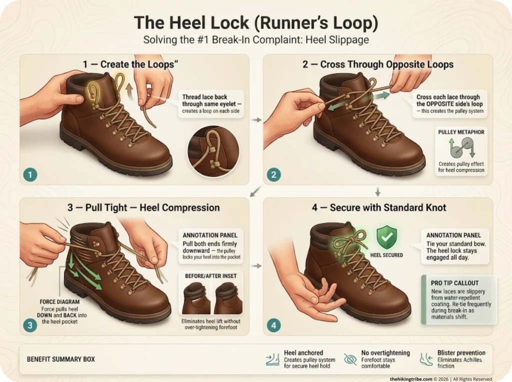 Infographic showing 4-step heel lock lacing technique with hand positions and lace routing on hiking boot