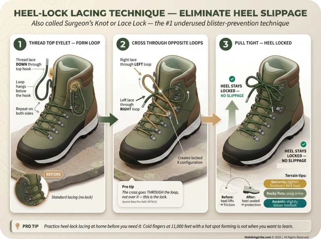 Infographic showing 3-step heel-lock lacing technique with annotated loop threading, cross-lace, and final tightened heel-lock on a hiking boot