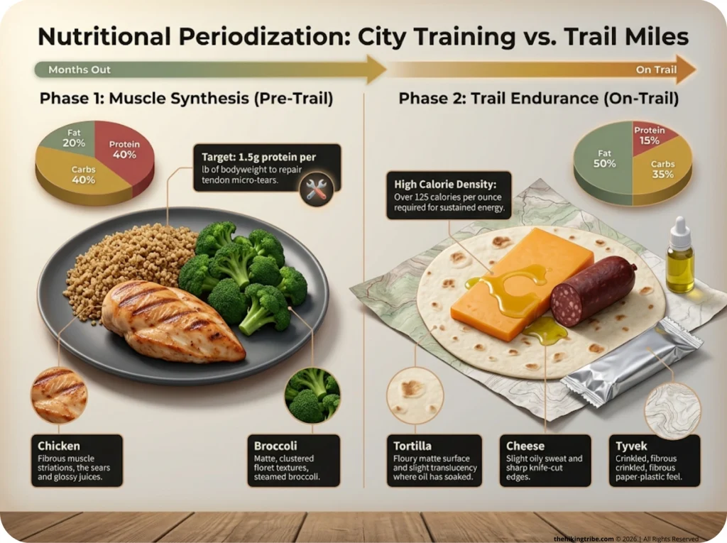 Infographic comparing pre-trail muscle synthesis nutrition versus on-trail high-fat endurance food macros