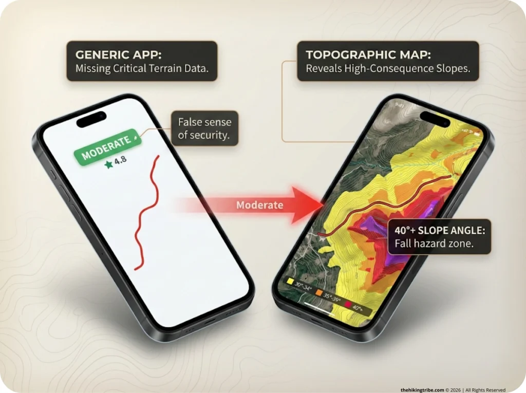 Infographic comparing generic hiking app moderate rating with detailed topographic map showing dangerous 40 degree slope angle shading