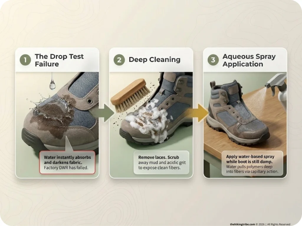 Three-step infographic demonstrating the boot waterproofing process, showing a failed drop test, active scrubbing with a brush, and spray application