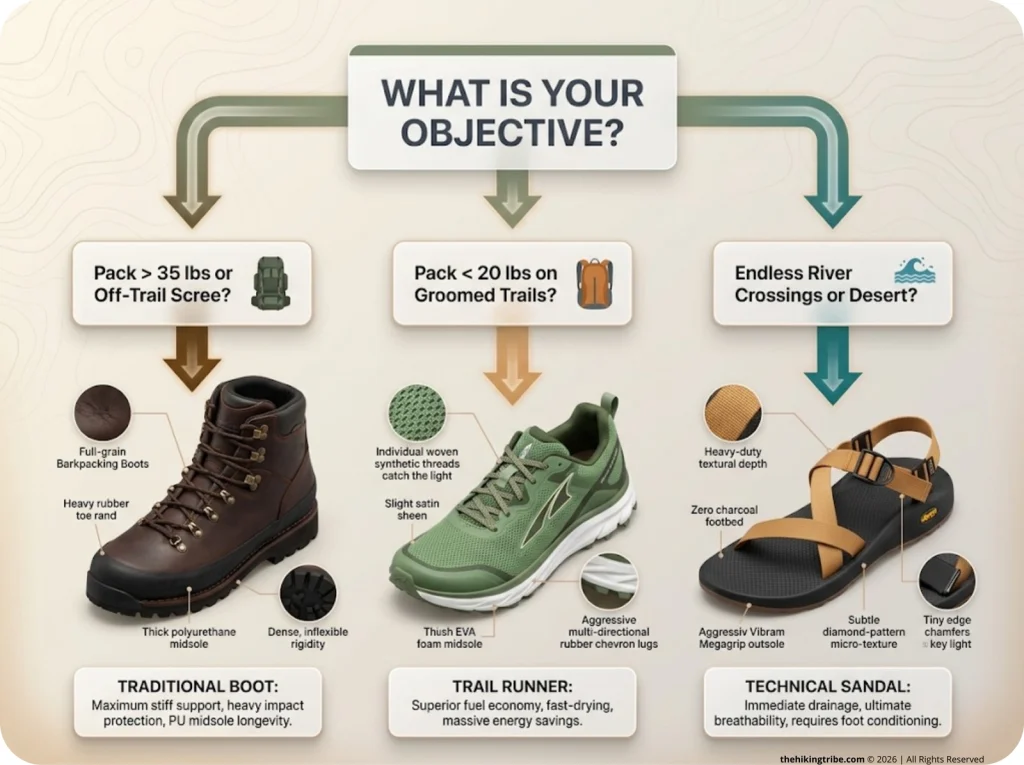 Infographic showing a 3-path decision tree flowchart for choosing hiking boots, shoes, or sandals based on pack weight and terrain