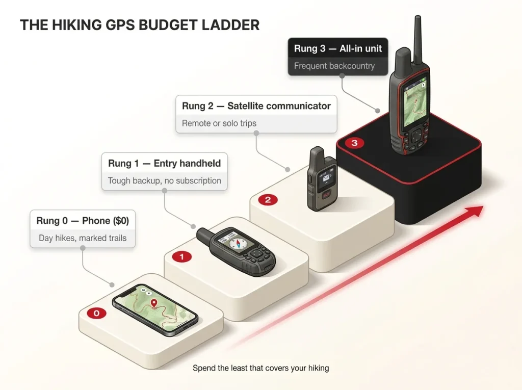 Four-rung ladder diagram from free phone to all-in GPS unit, each rung labeled with the hiking trip type that justifies it
