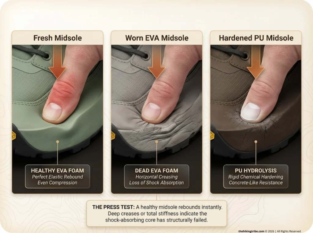 Infographic showing the press test on hiking boots comparing fresh foam, worn EVA, and hardened PU midsoles