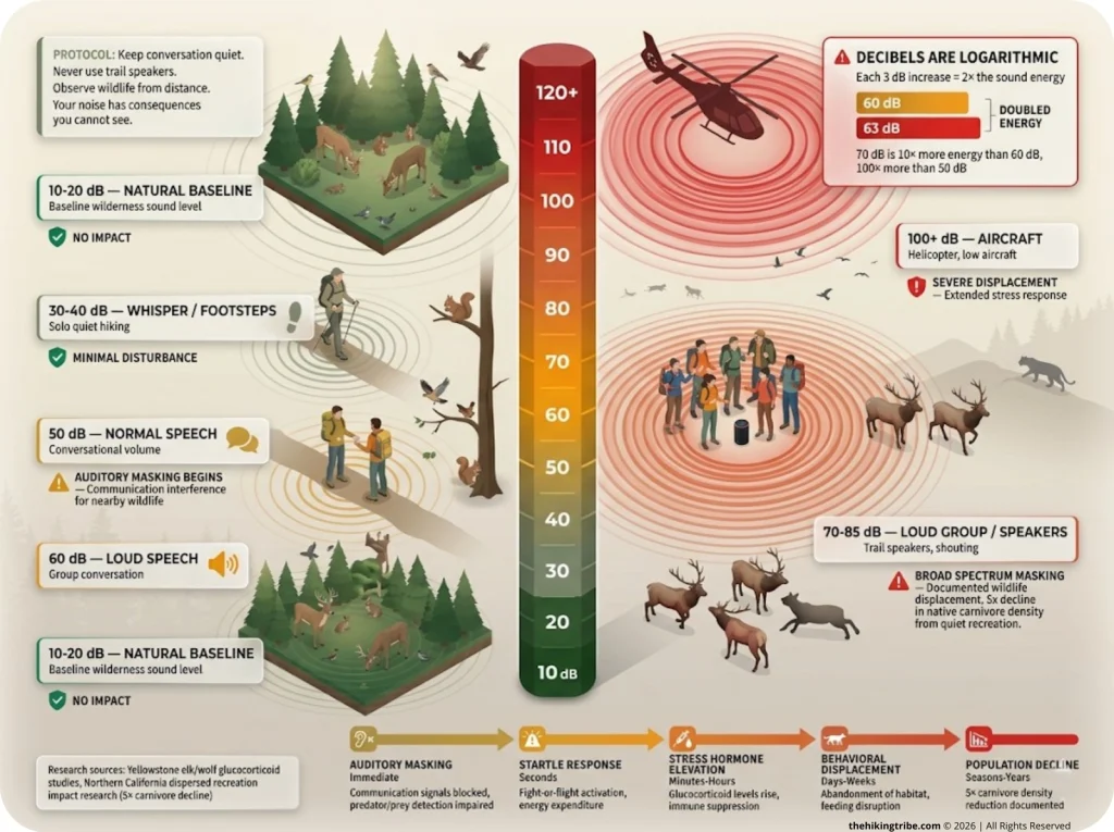Infographic showing decibel scale with hiking noise levels and wildlife impact from communication interference to displacement