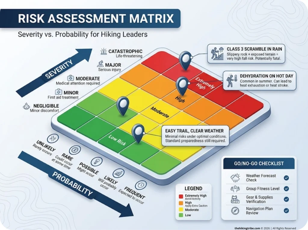 Infographic showing 5x5 risk assessment matrix with severity vs probability axes, color-coded cells, and hiking-specific risk examples plotted