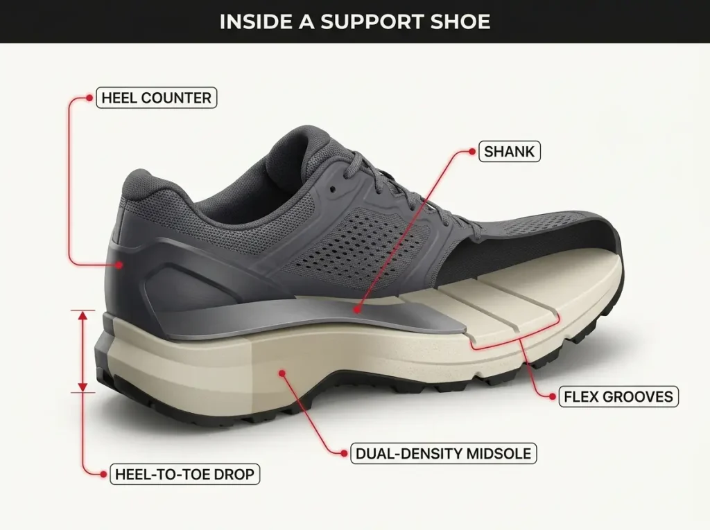 Labeled side-cutaway diagram of a hiking shoe showing heel counter, shank, dual-density midsole, flex grooves, and drop