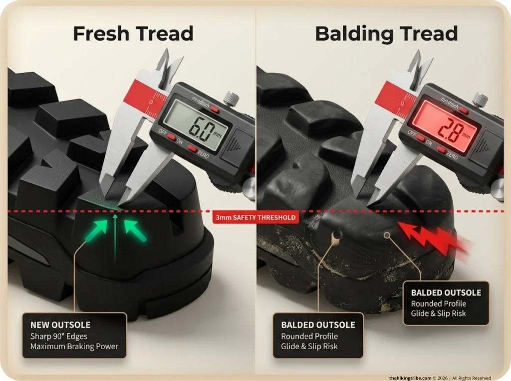 Infographic comparing a new hiking boot outsole lug with sharp edges against a worn balding lug at the 3mm safety threshold
