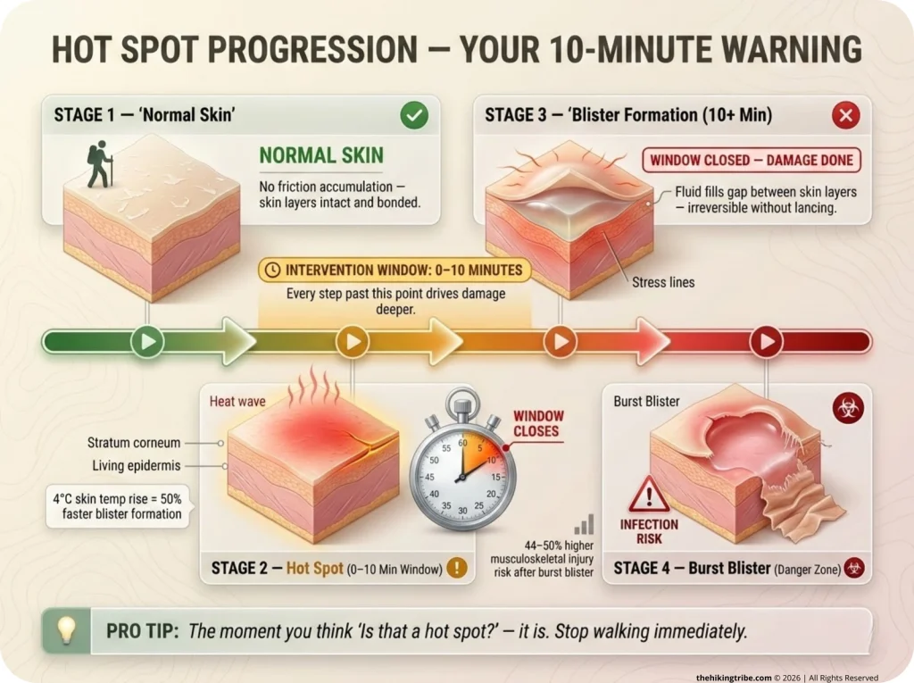 Infographic showing blister formation timeline from normal skin to burst blister with labeled 10-minute intervention window and stopwatch