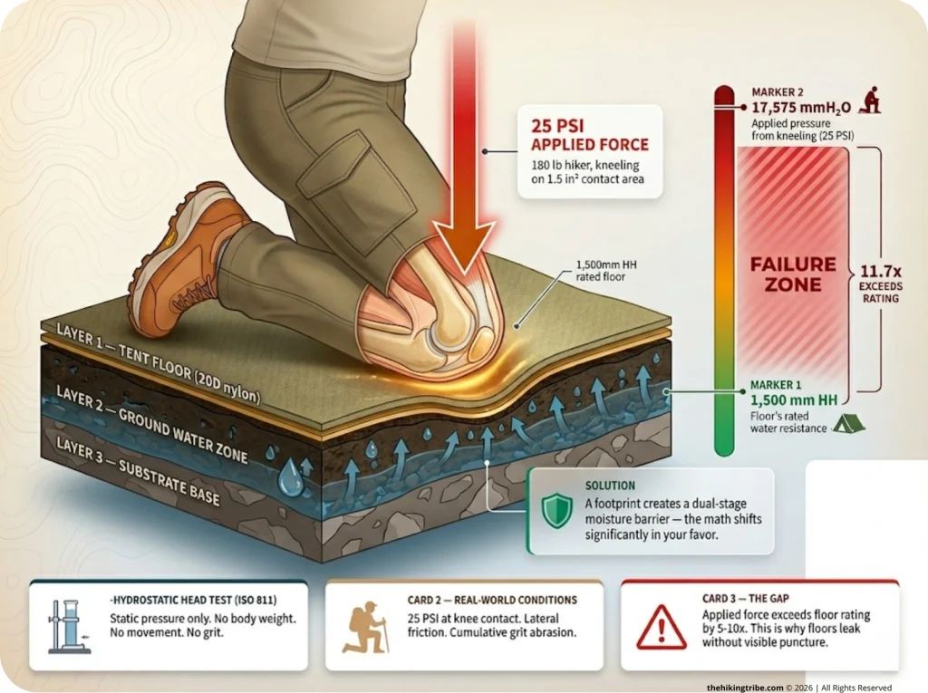 Infographic showing kneeling hiker PSI force vs 1500mm hydrostatic head floor rating with pressure arrows and failure zone indicator