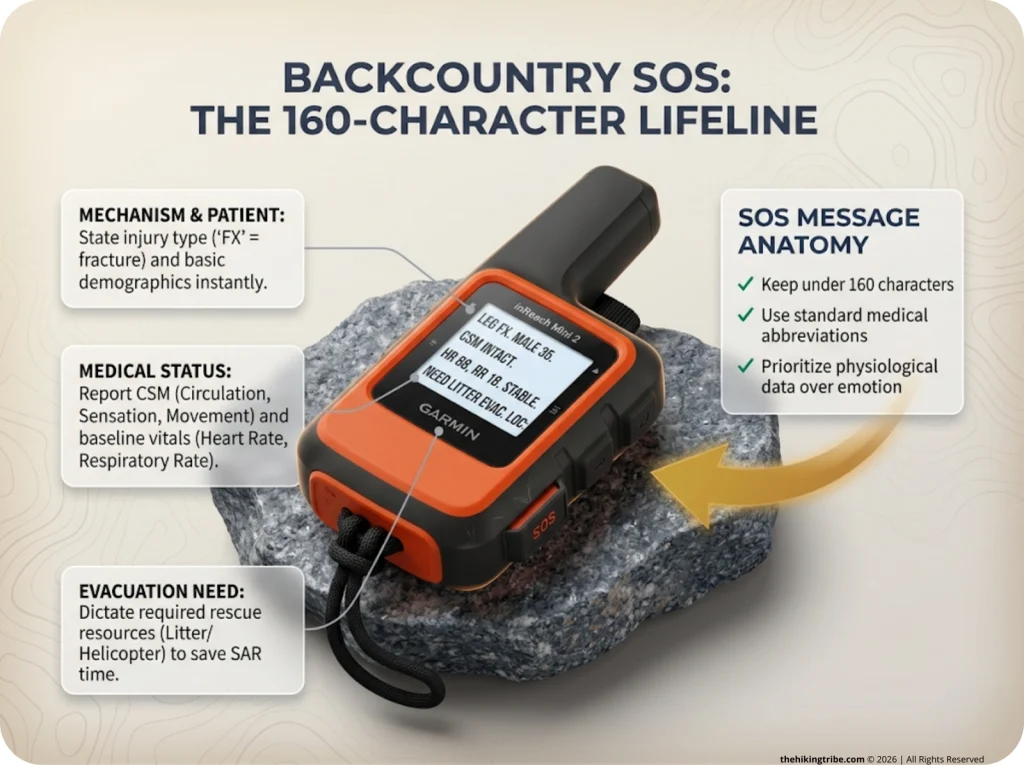 Infographic showing Garmin inReach satellite messenger with 160-character SOS text template for mountain rescues